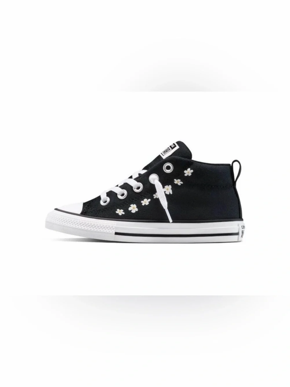 Converse Kids Black High-Top Sneakers with White Accents and Floral Patch